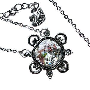 Clear Swarovski Crystal Square and Hearts Pendant 16" Silver-tone Necklace Swan